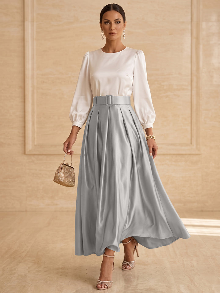 Robe mère de la mariée ligne A, taffetas col rond, manches longues, longueur cheville, plissé