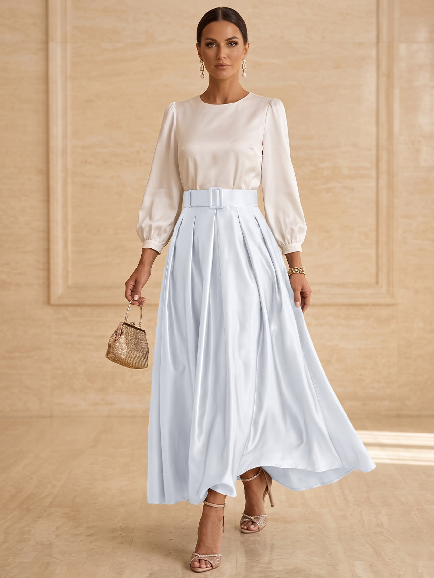 Robe mère de la mariée ligne A, taffetas col rond, manches longues, longueur cheville, plissé