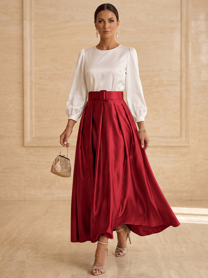 Robe mère de la mariée ligne A, taffetas col rond, manches longues, longueur cheville, plissé