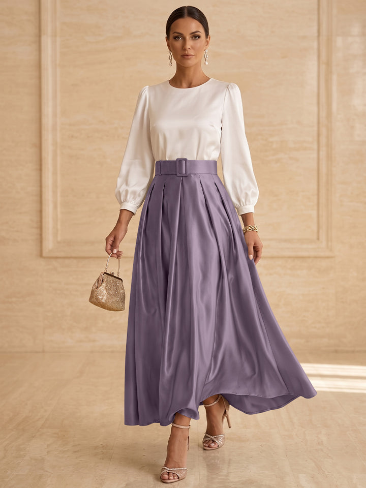 Robe mère de la mariée ligne A, taffetas col rond, manches longues, longueur cheville, plissé