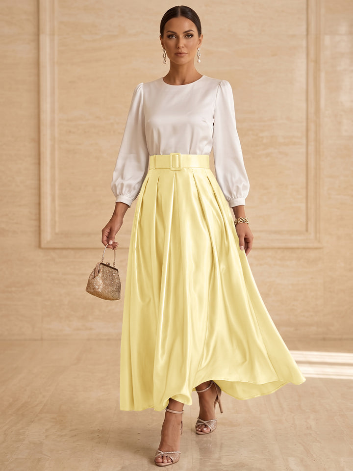 Robe mère de la mariée ligne A, taffetas col rond, manches longues, longueur cheville, plissé