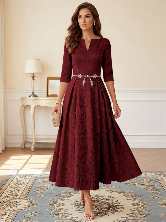 Robe mère de la mariée, Taille Plus, Ligne A/Princesse, Burnout Floral, Manches 3/4, Longueur du Thé