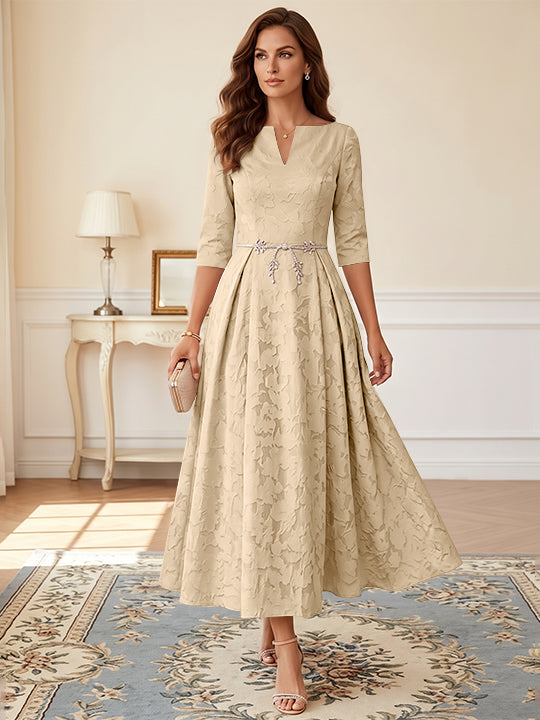 Robe mère de la mariée, Taille Plus, Ligne A/Princesse, Burnout Floral, Manches 3/4, Longueur du Thé