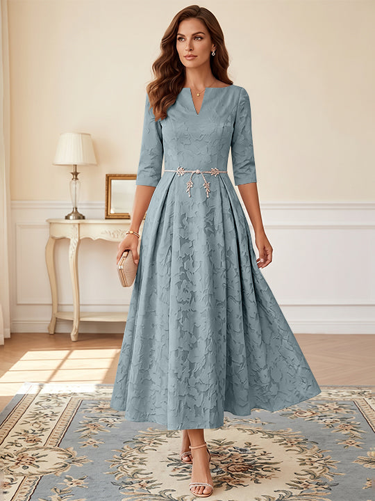 Robe mère de la mariée, Taille Plus, Ligne A/Princesse, Burnout Floral, Manches 3/4, Longueur du Thé