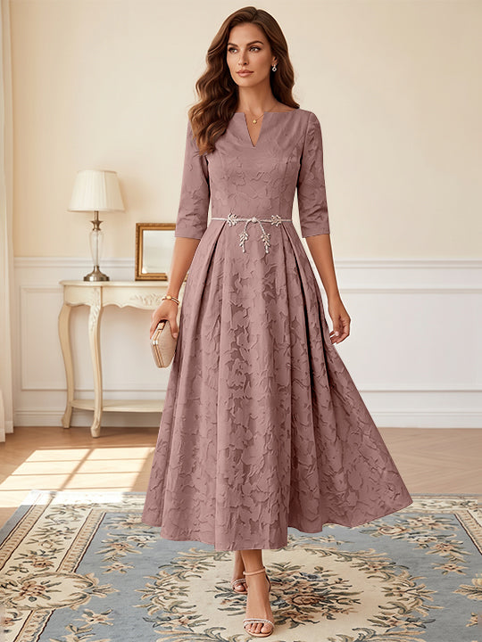 Robe mère de la mariée ligne A, col V, floral burnout, manches 3/4, longueur midi, ceinture