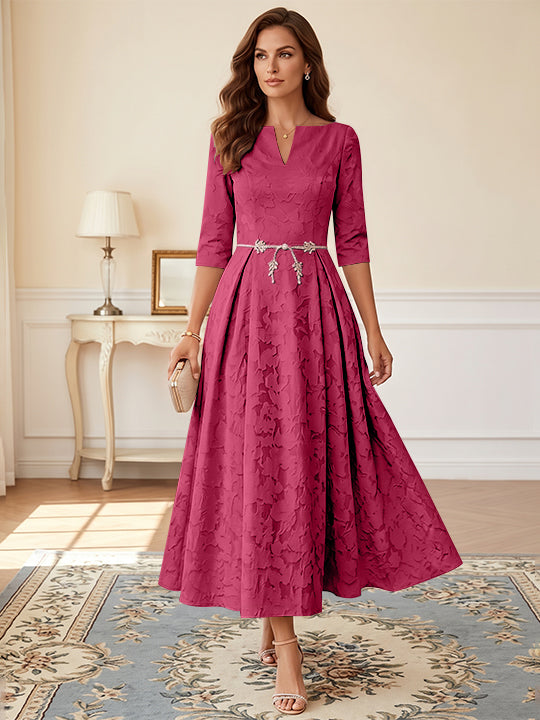 Robe mère de la mariée, Taille Plus, Ligne A/Princesse, Burnout Floral, Manches 3/4, Longueur du Thé