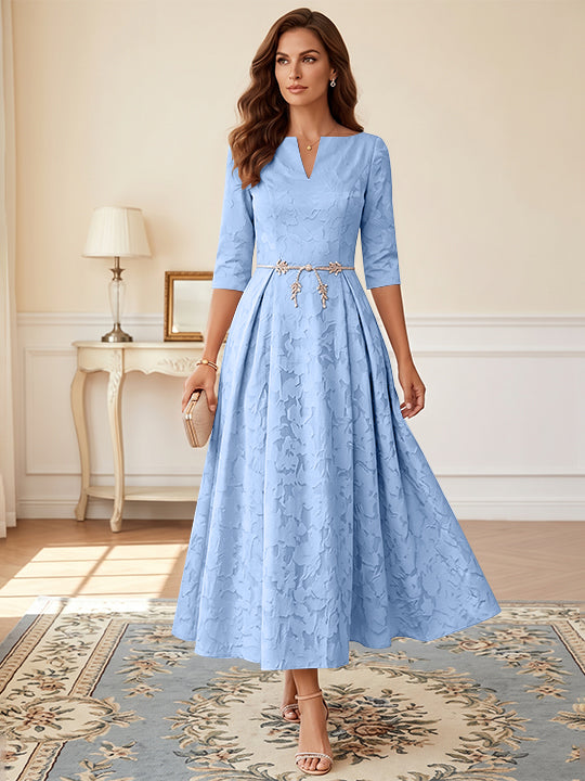 Robe mère de la mariée, Taille Plus, Ligne A/Princesse, Burnout Floral, Manches 3/4, Longueur du Thé