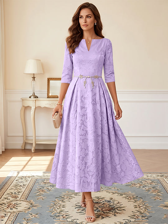 Robe mère de la mariée ligne A, col V, floral burnout, manches 3/4, longueur midi, ceinture