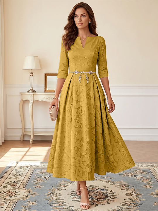 Robe mère de la mariée ligne A, col V, floral burnout, manches 3/4, longueur midi, ceinture