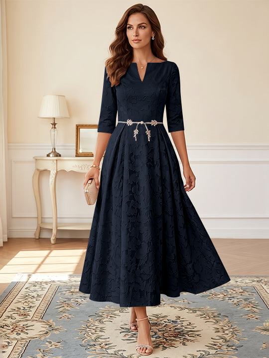 Robe mère de la mariée, Taille Plus, Ligne A/Princesse, Burnout Floral, Manches 3/4, Longueur du Thé
