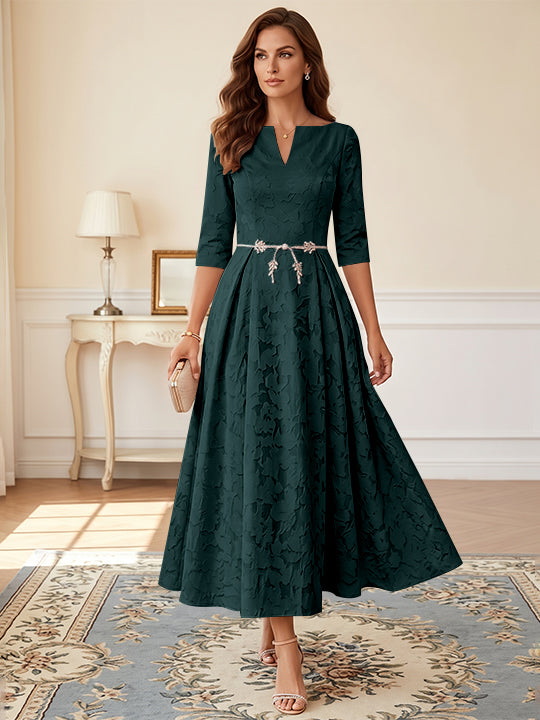 Robe mère de la mariée ligne A, col V, floral burnout, manches 3/4, longueur midi, ceinture