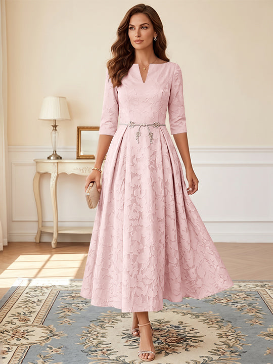 Robe mère de la mariée, Taille Plus, Ligne A/Princesse, Burnout Floral, Manches 3/4, Longueur du Thé