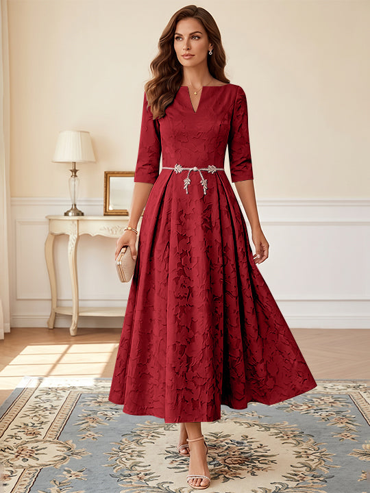 Robe mère de la mariée ligne A, col V, floral burnout, manches 3/4, longueur midi, ceinture