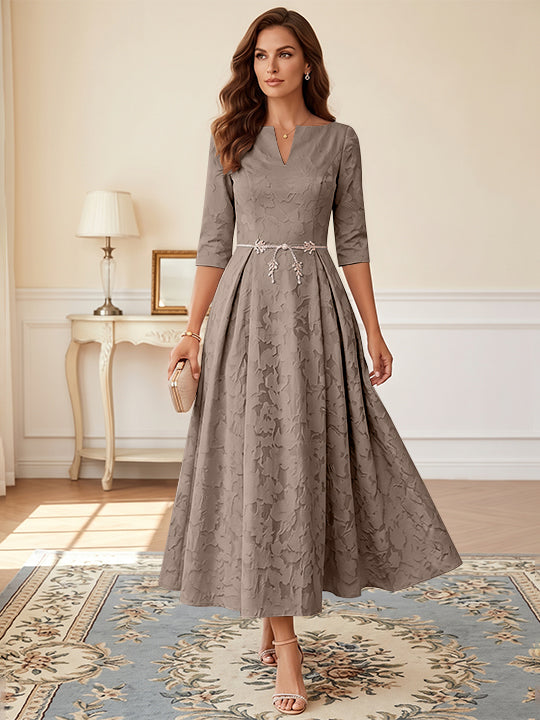Robe mère de la mariée ligne A, col V, floral burnout, manches 3/4, longueur midi, ceinture