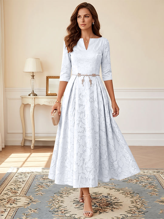 Robe mère de la mariée ligne A, col V, floral burnout, manches 3/4, longueur midi, ceinture