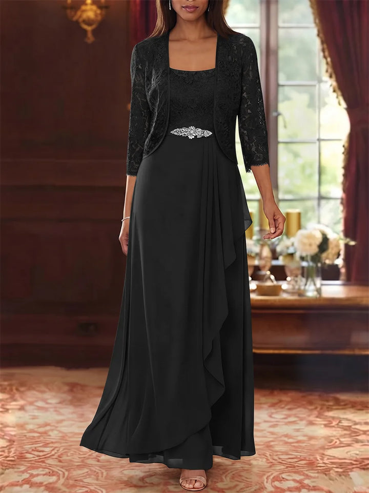 Ensemble 2 pièces mère de la mariée ligne A, mousseline col carré, veste dentelle, manches 3/4, longueur cheville