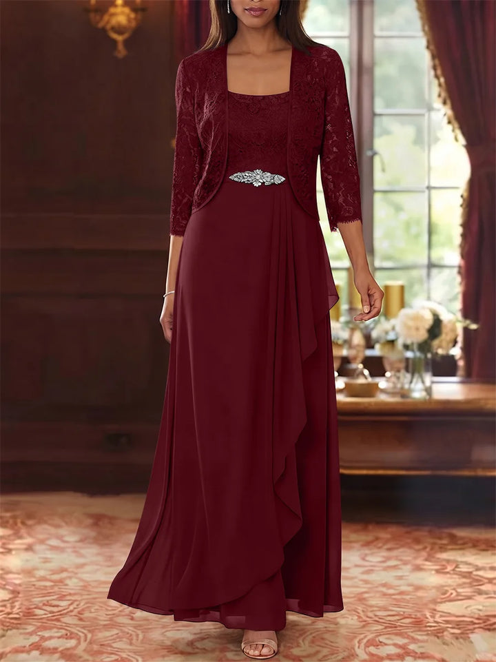 Ensemble 2 pièces mère de la mariée ligne A, mousseline col carré, veste dentelle, manches 3/4, longueur cheville