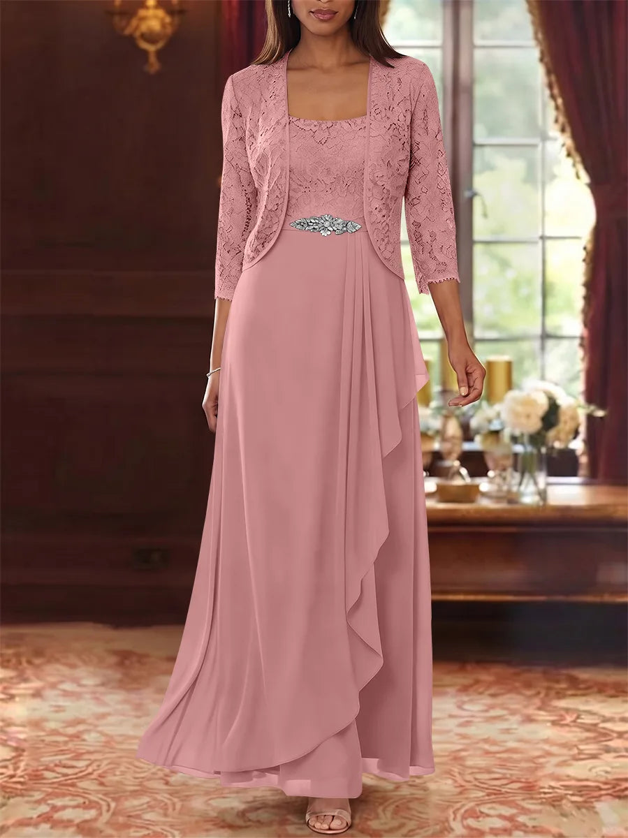 Ensemble 2 pièces mère de la mariée ligne A, mousseline col carré, veste dentelle, manches 3/4, longueur cheville