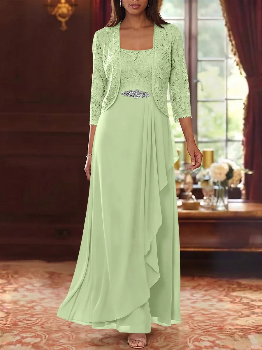 Ensemble 2 pièces mère de la mariée ligne A, mousseline col carré, veste dentelle, manches 3/4, longueur cheville