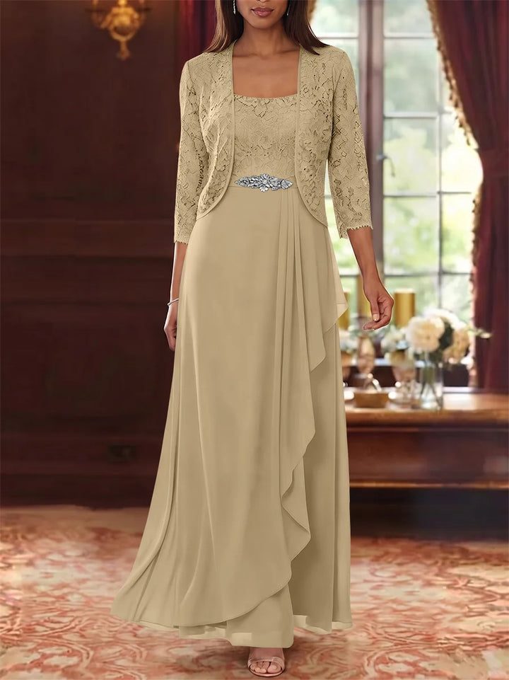 Ensemble 2 pièces mère de la mariée ligne A, mousseline col carré, veste dentelle, manches 3/4, longueur cheville