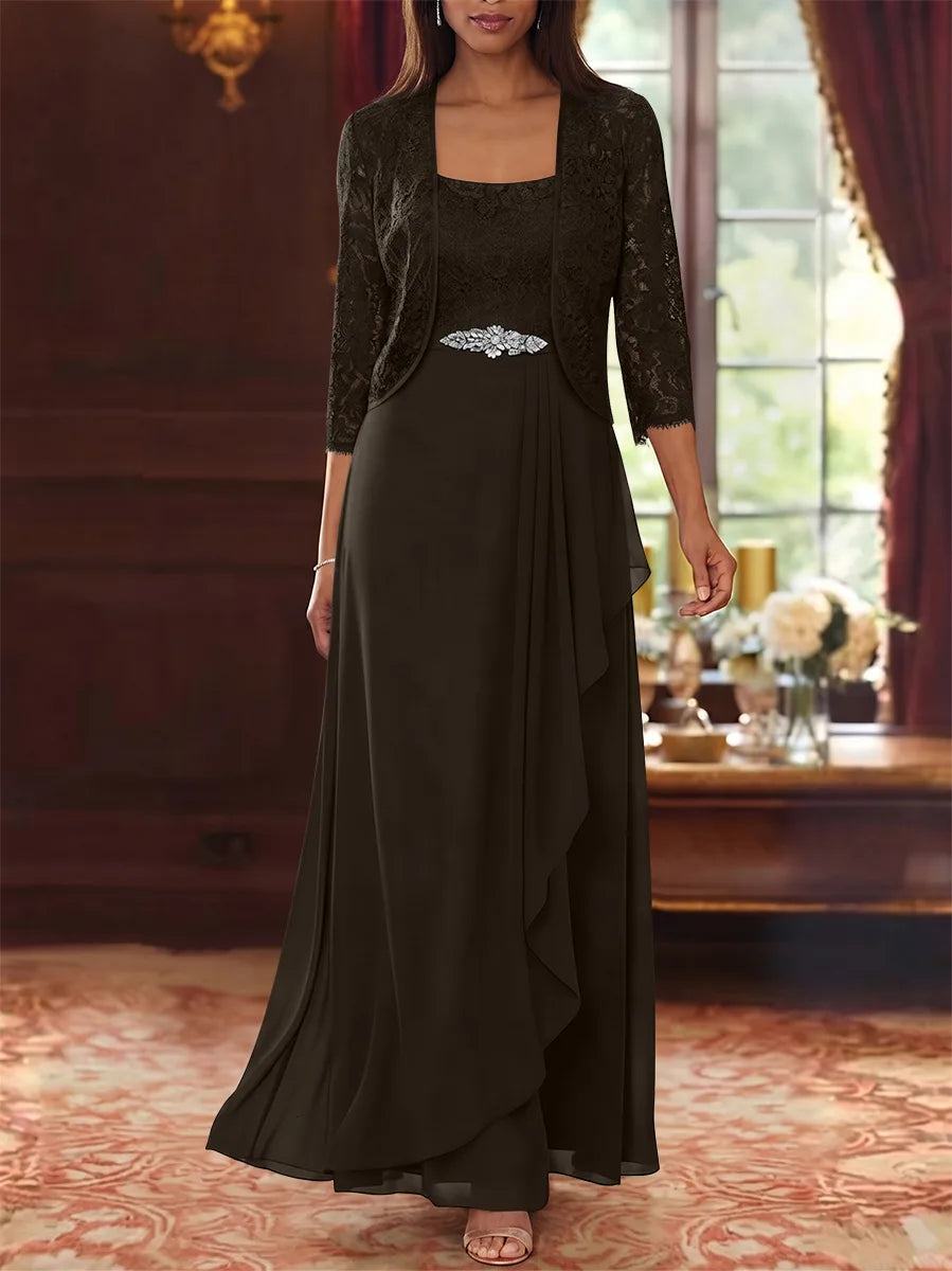 Ensemble 2 pièces mère de la mariée ligne A, mousseline col carré, veste dentelle, manches 3/4, longueur cheville