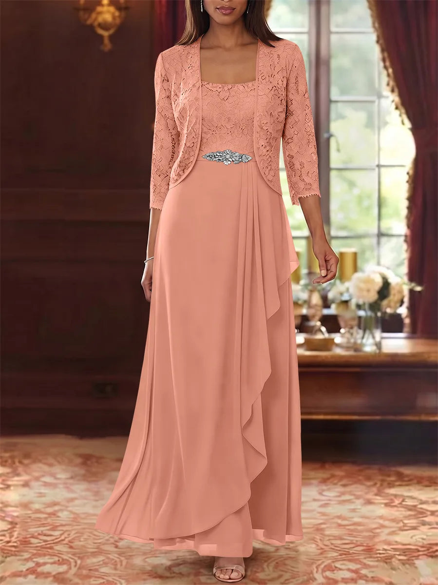 Ensemble 2 pièces mère de la mariée ligne A, mousseline col carré, veste dentelle, manches 3/4, longueur cheville
