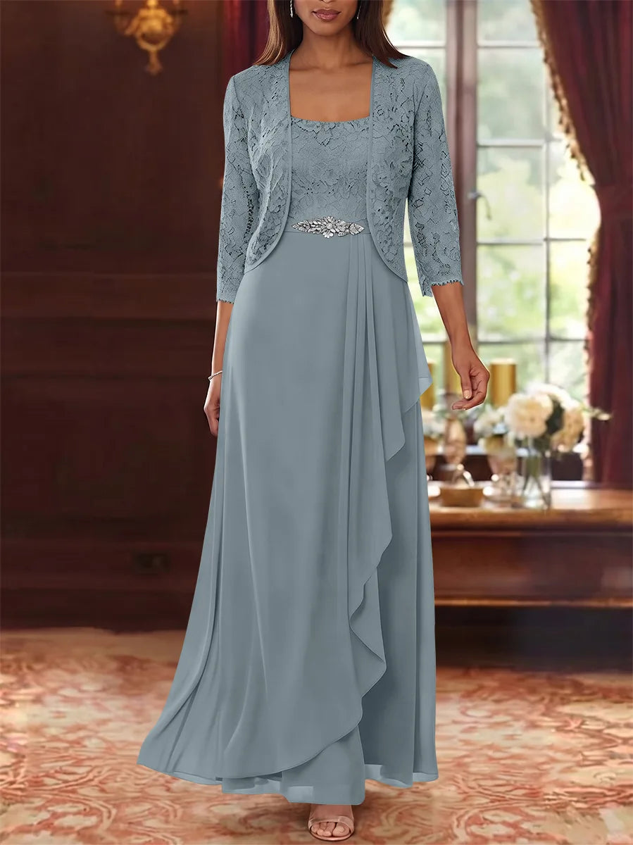 Ensemble 2 pièces mère de la mariée ligne A, mousseline col carré, veste dentelle, manches 3/4, longueur cheville