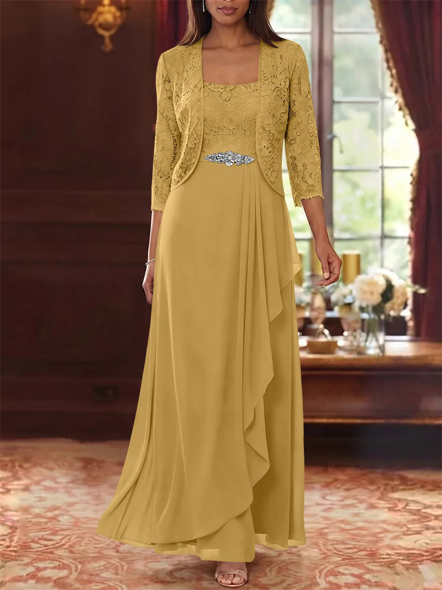 Ensemble 2 pièces mère de la mariée ligne A, mousseline col carré, veste dentelle, manches 3/4, longueur cheville