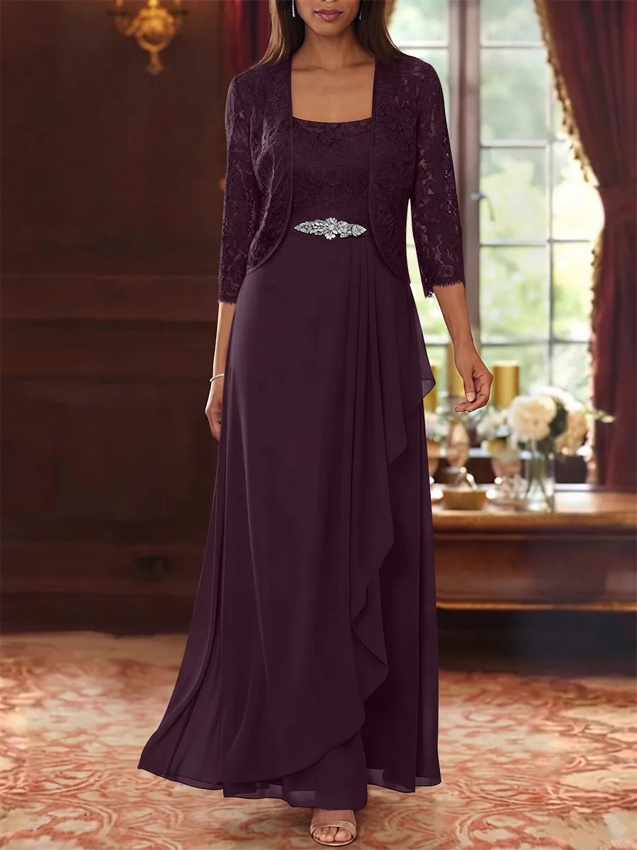 Ensemble 2 pièces mère de la mariée ligne A, mousseline col carré, veste dentelle, manches 3/4, longueur cheville