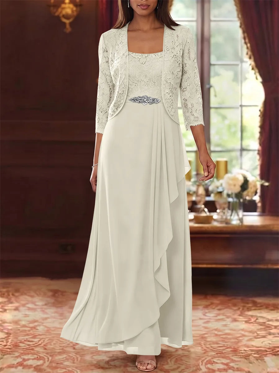 Ensemble 2 pièces mère de la mariée ligne A, mousseline col carré, veste dentelle, manches 3/4, longueur cheville