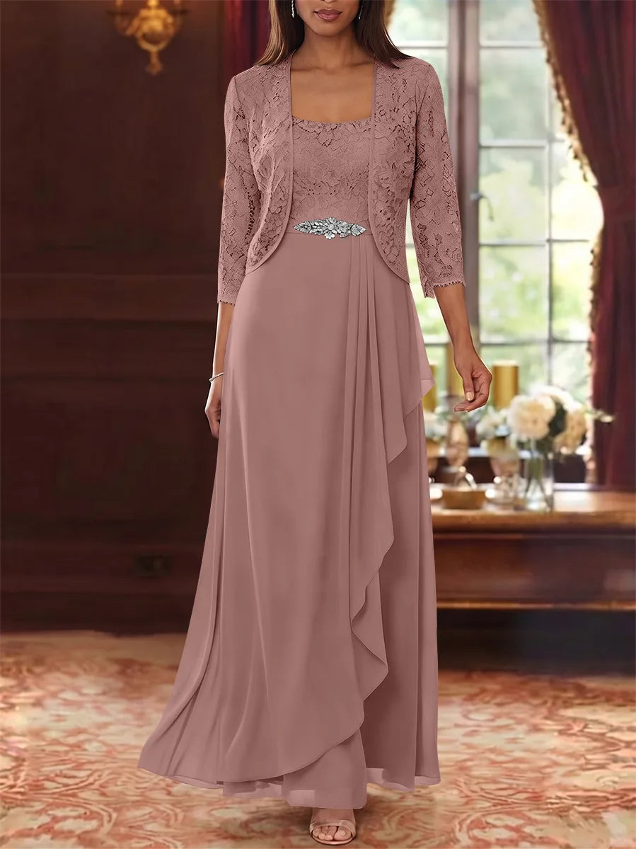 Ensemble 2 pièces mère de la mariée ligne A, mousseline col carré, veste dentelle, manches 3/4, longueur cheville