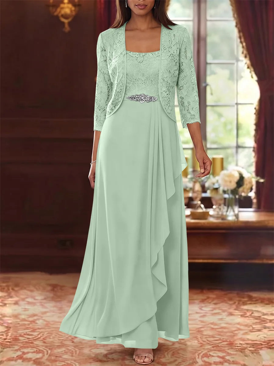 Ensemble 2 pièces mère de la mariée ligne A, mousseline col carré, veste dentelle, manches 3/4, longueur cheville