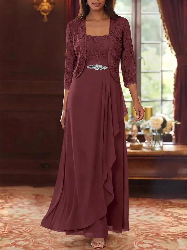 Ensemble 2 pièces mère de la mariée ligne A, mousseline col carré, veste dentelle, manches 3/4, longueur cheville