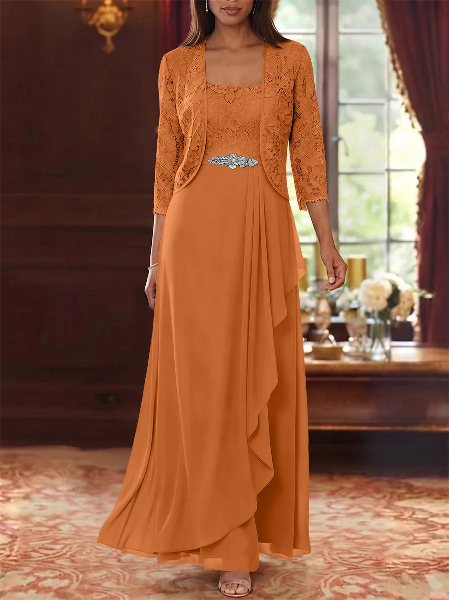 Ensemble 2 pièces mère de la mariée ligne A, mousseline col carré, veste dentelle, manches 3/4, longueur cheville