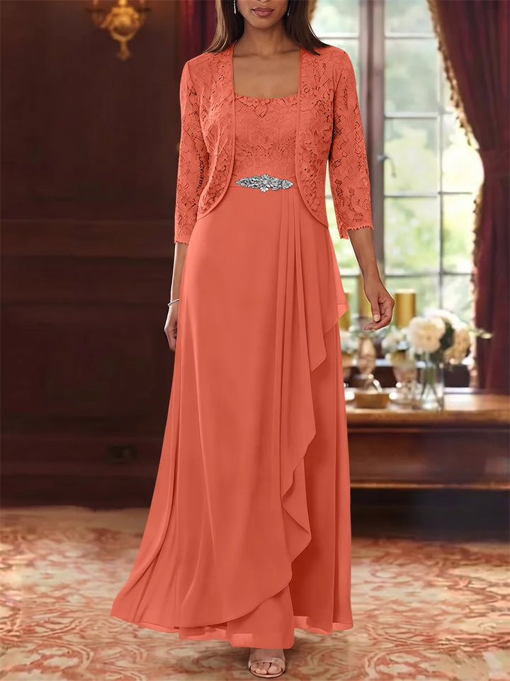 Ensemble 2 pièces mère de la mariée ligne A, mousseline col carré, veste dentelle, manches 3/4, longueur cheville