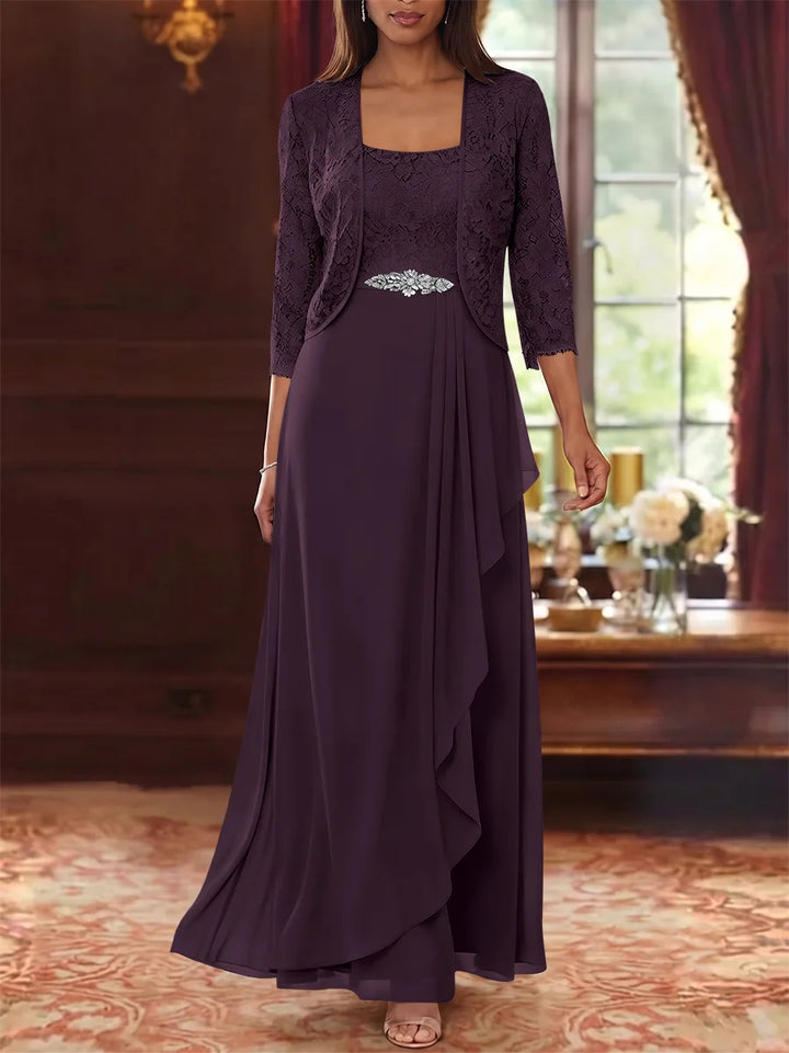 Ensemble 2 pièces mère de la mariée ligne A, mousseline col carré, veste dentelle, manches 3/4, longueur cheville