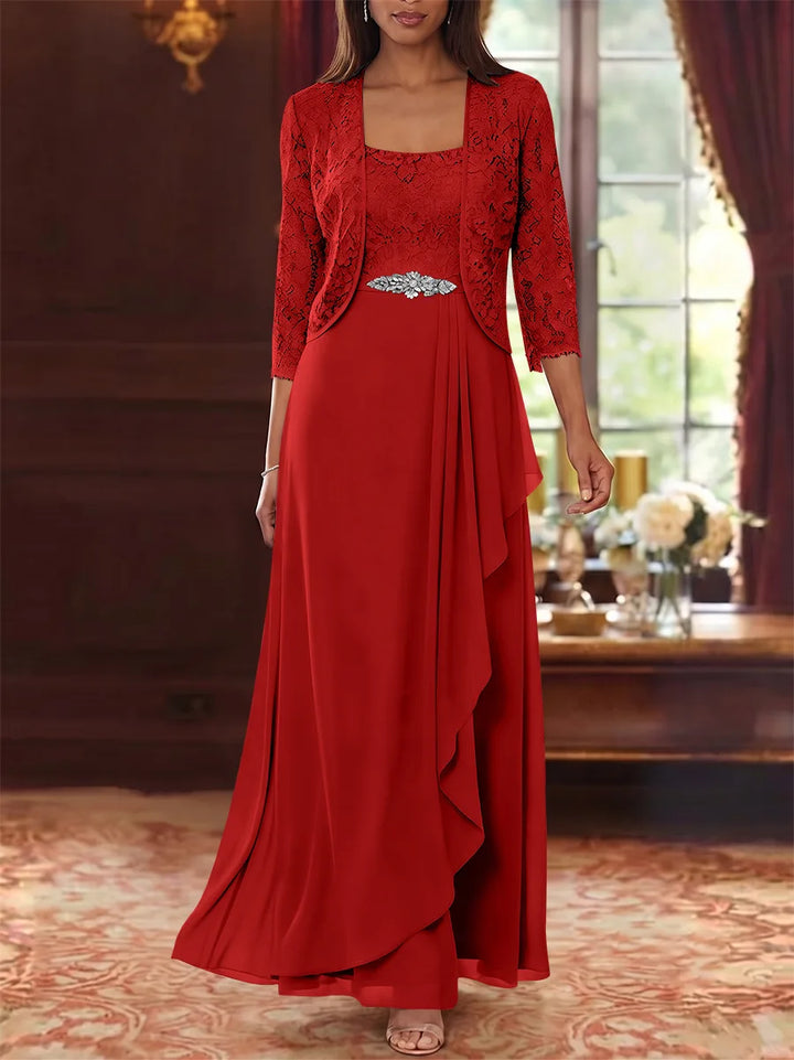 Ensemble 2 pièces mère de la mariée ligne A, mousseline col carré, veste dentelle, manches 3/4, longueur cheville