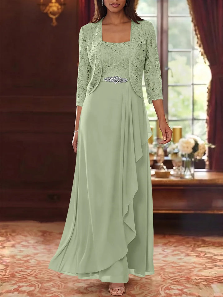 Ensemble 2 pièces mère de la mariée ligne A, mousseline col carré, veste dentelle, manches 3/4, longueur cheville