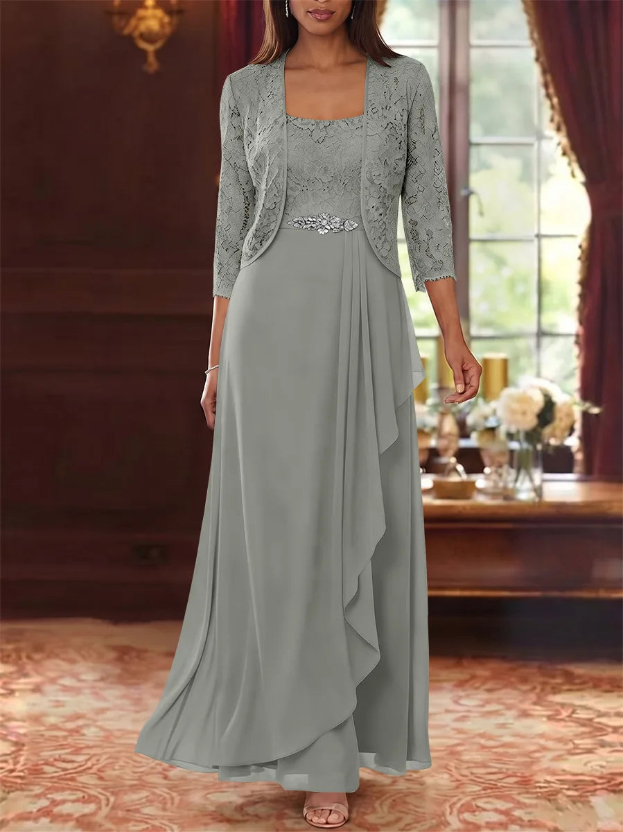 Ensemble 2 pièces mère de la mariée ligne A, mousseline col carré, veste dentelle, manches 3/4, longueur cheville