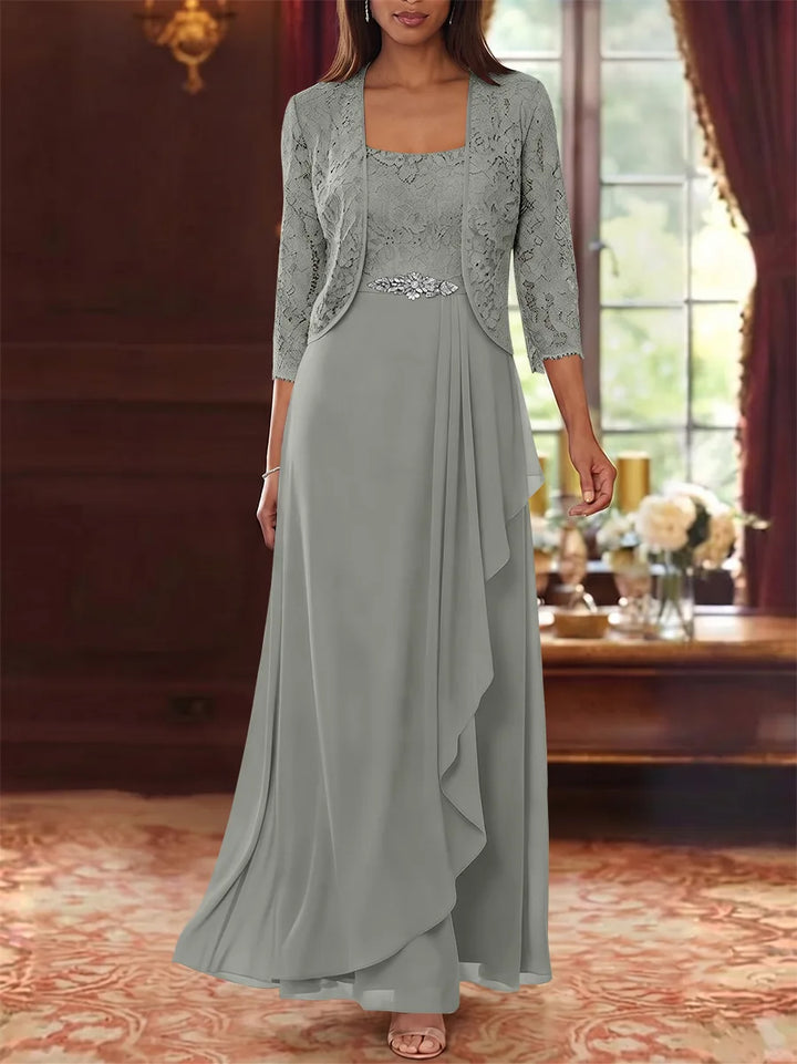 Ensemble 2 pièces mère de la mariée ligne A, mousseline col carré, veste dentelle, manches 3/4, longueur cheville