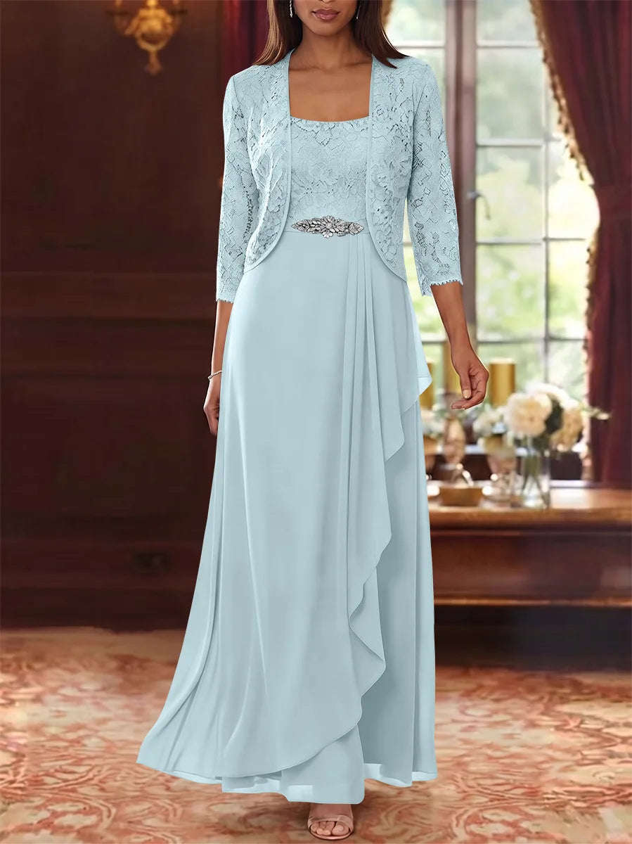 Ensemble 2 pièces mère de la mariée ligne A, mousseline col carré, veste dentelle, manches 3/4, longueur cheville