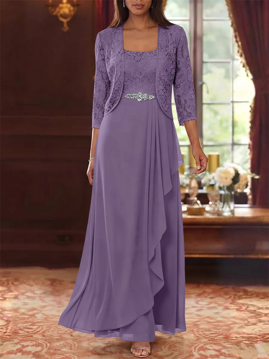 Ensemble 2 pièces mère de la mariée ligne A, mousseline col carré, veste dentelle, manches 3/4, longueur cheville