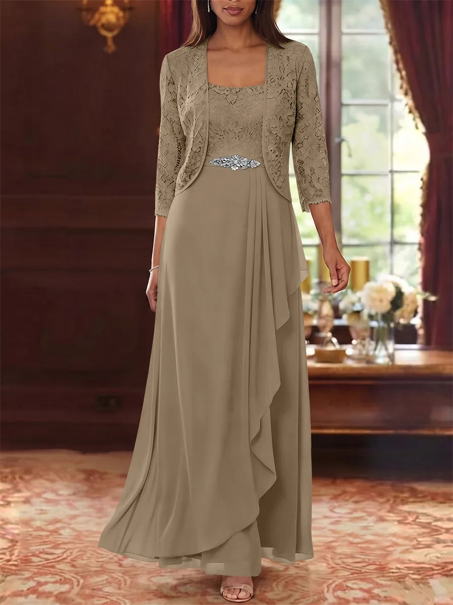 Ensemble 2 pièces mère de la mariée ligne A, mousseline col carré, veste dentelle, manches 3/4, longueur cheville