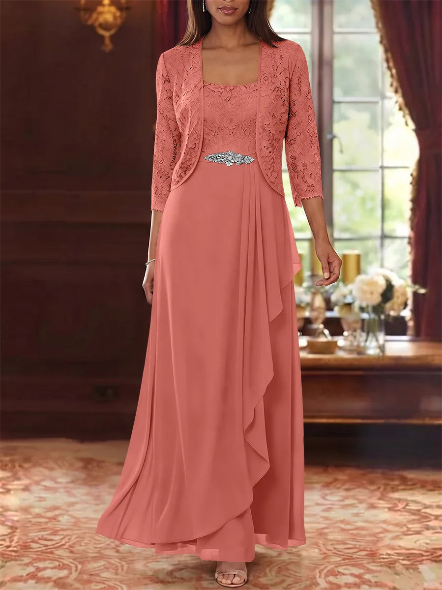 Ensemble 2 pièces mère de la mariée ligne A, mousseline col carré, veste dentelle, manches 3/4, longueur cheville