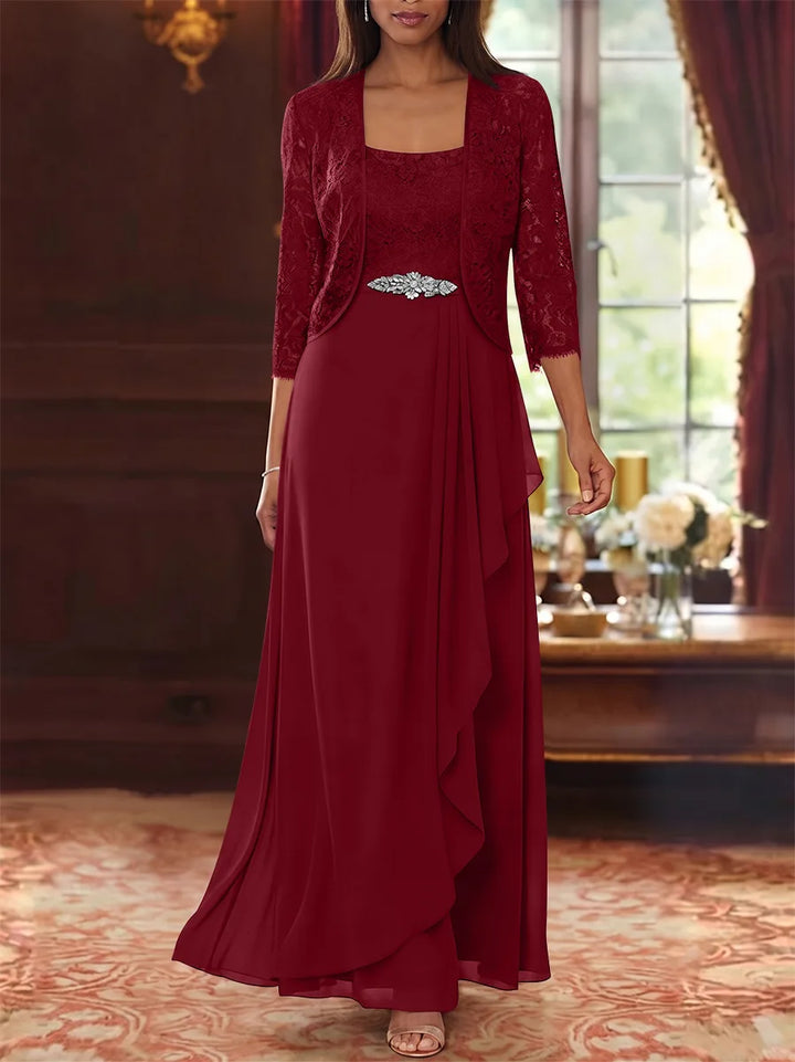 Ensemble 2 pièces mère de la mariée ligne A, mousseline col carré, veste dentelle, manches 3/4, longueur cheville