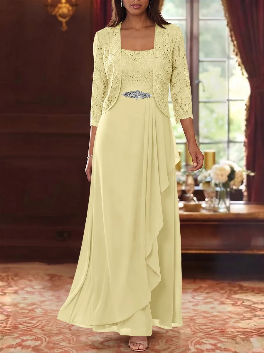 Ensemble 2 pièces mère de la mariée ligne A, mousseline col carré, veste dentelle, manches 3/4, longueur cheville