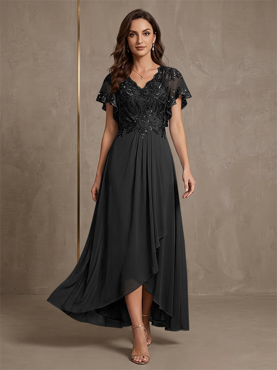 Robe mère de la mariée ligne A, mousseline col V, asymétrique, dentelle, sequins, manches courtes, longueur cheville