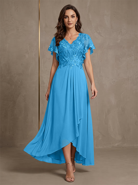 Robe mère de la mariée ligne A, mousseline col V, asymétrique, dentelle, sequins, manches courtes, longueur cheville