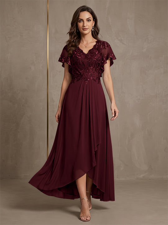 Robe mère de la mariée ligne A, mousseline col V, asymétrique, dentelle, sequins, manches courtes, longueur cheville