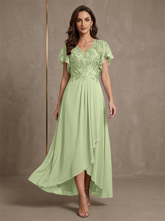 Robe mère de la mariée ligne A, mousseline col V, asymétrique, dentelle, sequins, manches courtes, longueur cheville